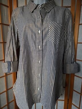 NWT WOMENS TOMMY HILFIGER BLUE/WHITE STRIPES METALLIC COTTON ROLL TAB SHIRT MED